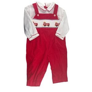 Vintage Carriage House Firetruck Baby Longall Smocked Red White 9 Months